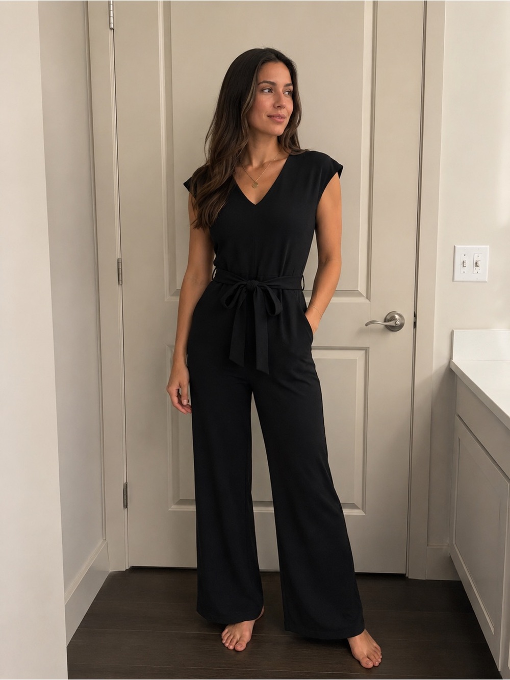 Nine West Women’s Size 4 Black Belted Wide Leg V-Neck Jumpsuit